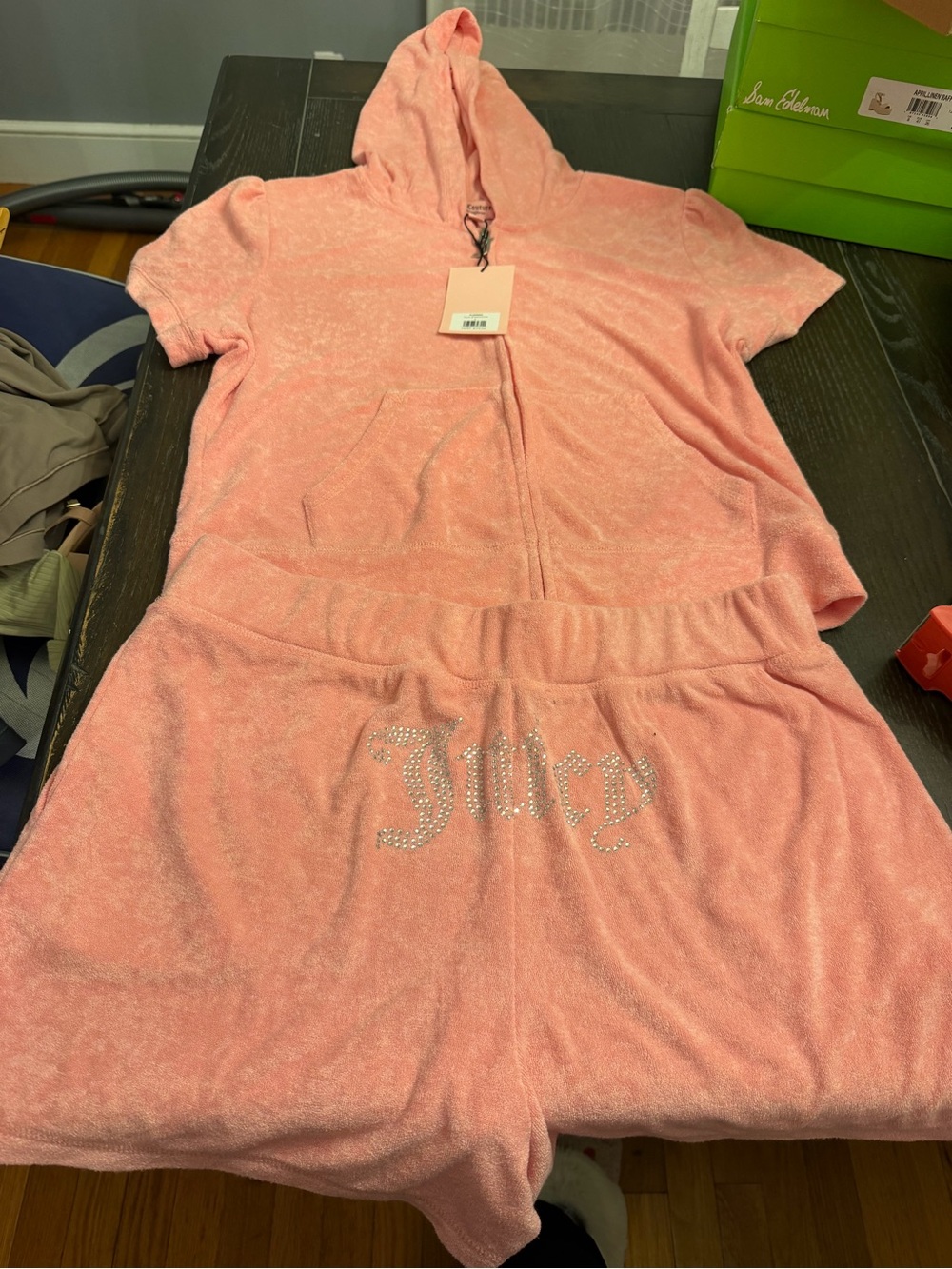 Juicy Couture Pink Terry Cloth Hooded Romper with Rhinestone Logo